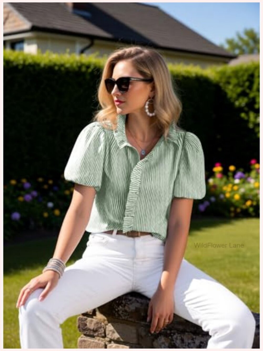 Puffy Sleeve Button Down Blouse Ruffle Shirt Work Top - Picture 5 of 7